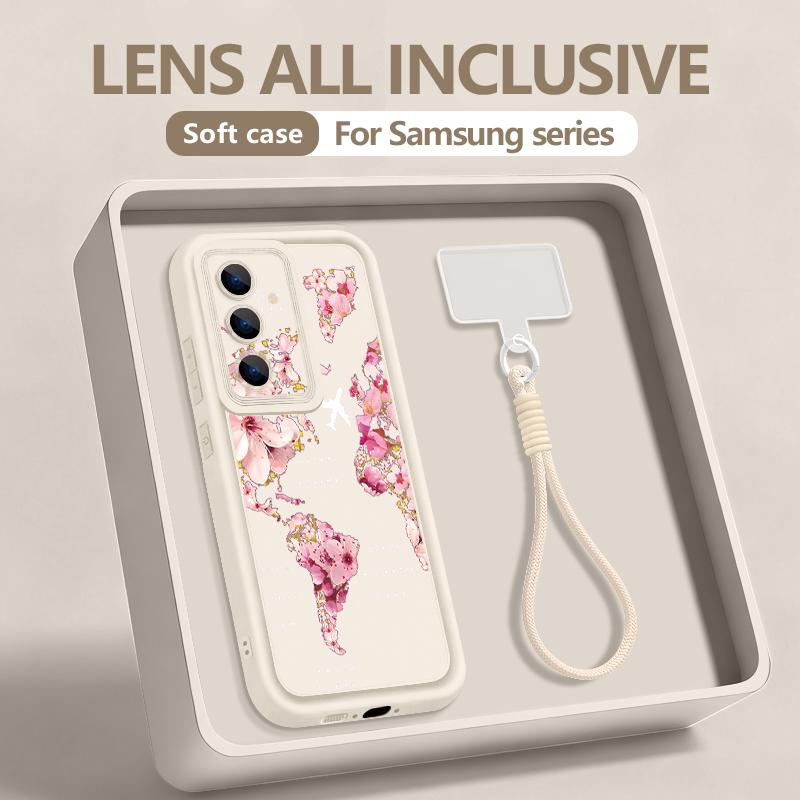 Wrist Lanyard Phone Case For Samsung Galaxy S26 S24 S25 Ultra S23 S25 FE A57 A17 A56 A16 A55 A54 A15 A25 Pink Flower Print Cover
