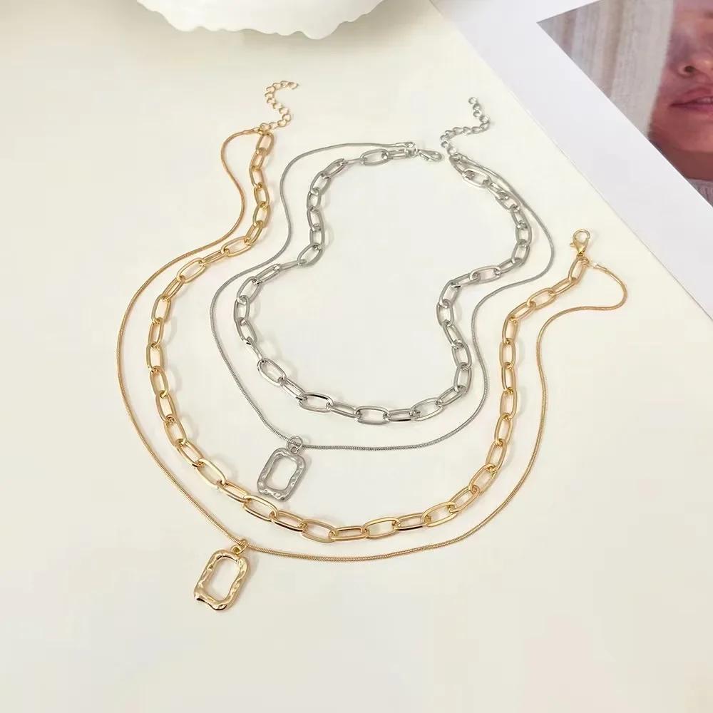 Women's Double-Layered Openwork Square Geometric Stacked Clavicle Chain Delicate Engagement Jewelry Gift