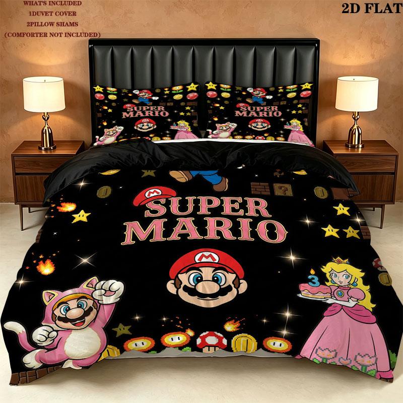 Super Mario Pattern Bedding Quilt Set Quilt Cover Pillowcase Home Birthday Gift(1 * duvet cover + 2 * pillowcase, without core)