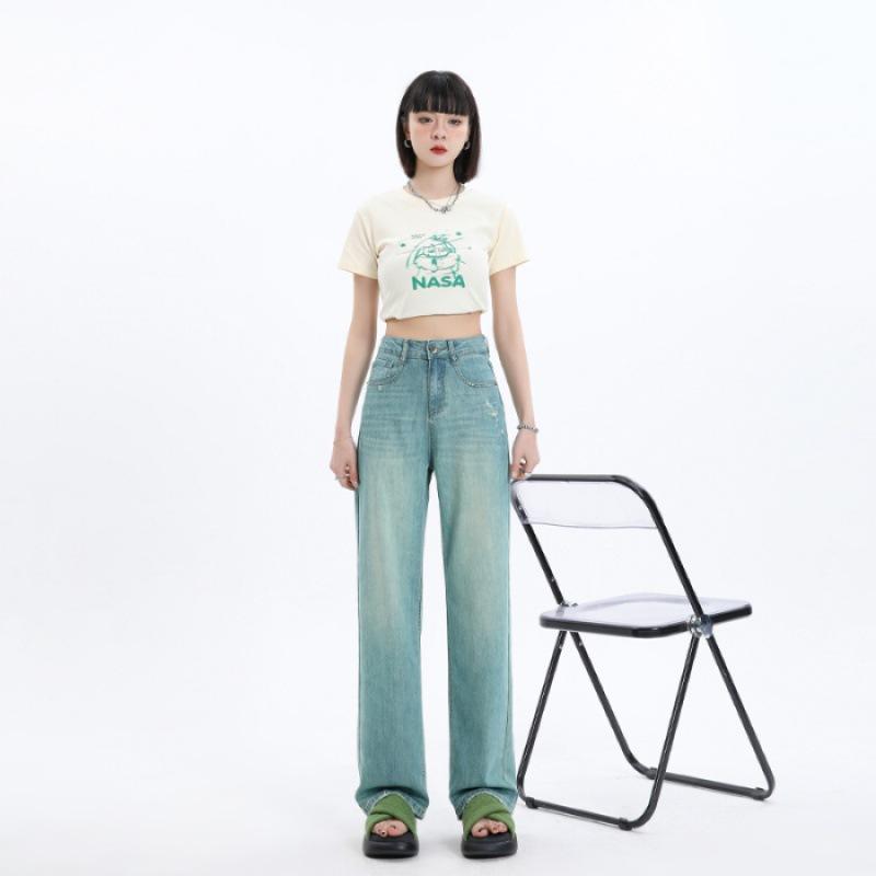 

Новые весенне-летние джинсы изумрудно-зеленого цвета с рваными заусенцами, слегка эластичные, с высокой посадкой, широкие 2XL