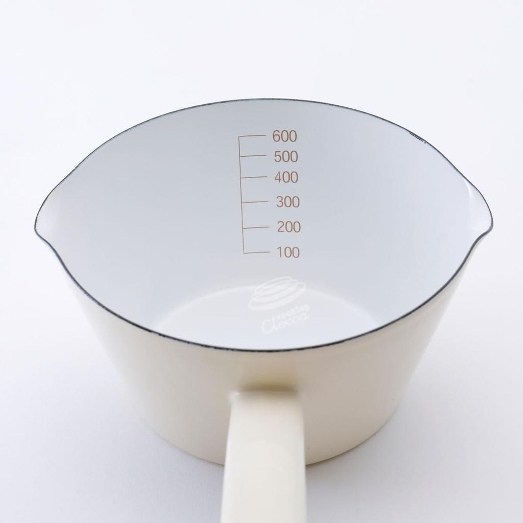 Fuji Enamel Double-Spout Milk Pan with Graduations, 14cm, 0.8L, Gas/Induction Compatible, Enamel Saucepan (Vanilla)