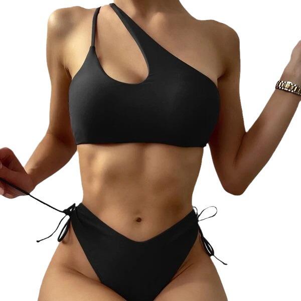 Women's One-Shoulder Solid Color Sexy Two-Piece Bikini Swimsuit