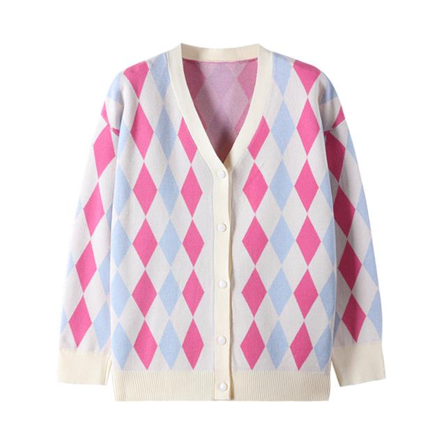 Vintage Geometrische Rhombische Strickjacke Pullover Frauen Herbst Warme Lose Oberbekleidung C-023