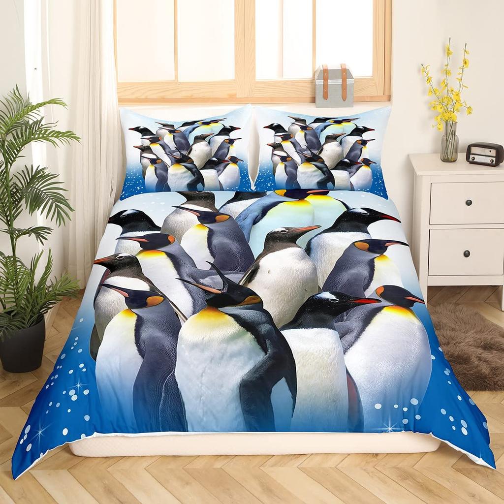 Set Copripiumino con Stampa di Pinguini ad Acquerello Set Biancheria da Letto 3 Pezzi Per Bambini Copripiumino Morbido Coperta Trapunta con 2 Federe