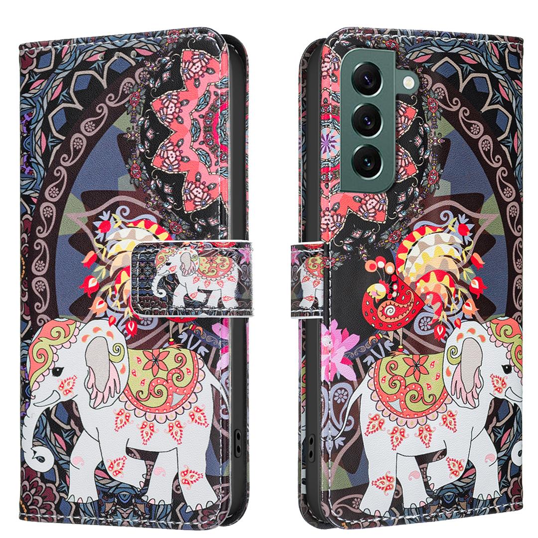 

For Samsung Galaxy S24+/Galaxy S25+ Case Wallet Stand Pattern Printing Phone Leather Cover Flowers And Elephant