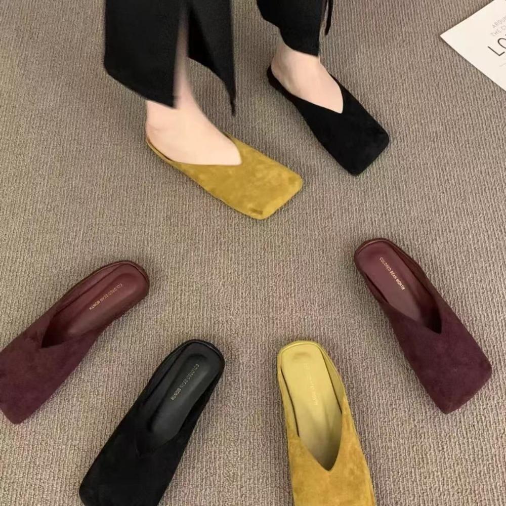 Fashion Women Suede Flats Mules Shoes Square Toe Slingback Slippers Casual Sandals 2026 Trend Summer Dress Flip Flops Cozy Mujer Slides