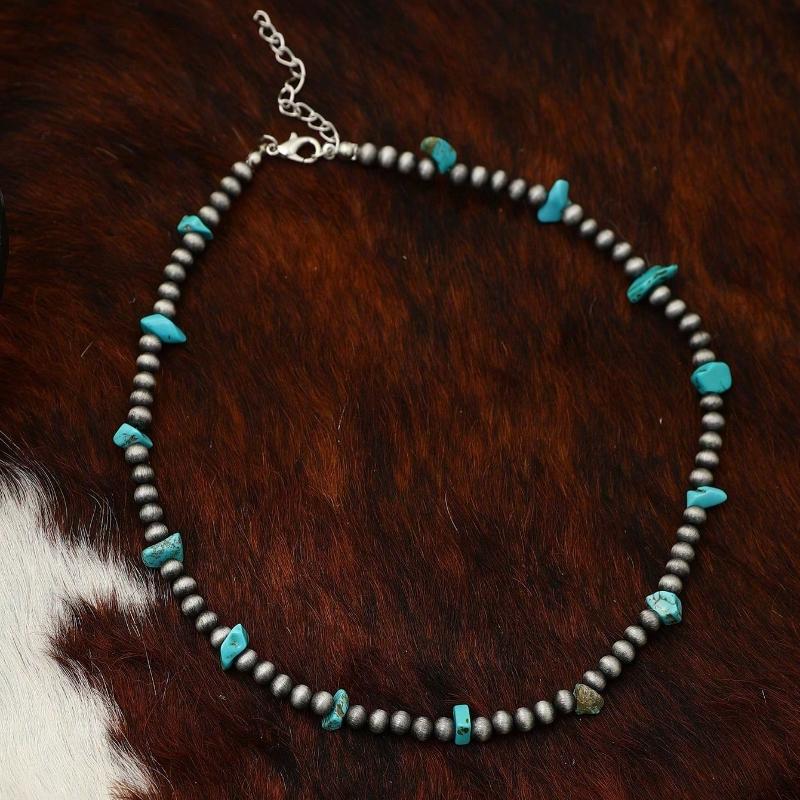 1 Pc Western Style Cowboy Vintage Turquoise & Navajo Faux Pearl Beaded Necklace Suitable for Women's Everyday Wear