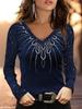 Women's Plus Size Slim Fit V-neck Printed Long Sleeve T-shirt Base Shirt