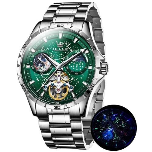 OLEVS Pánské automatické mechanické hodinky Starry Sky Dial Kožený řemínek Vodotěsné pánské hodinky Black