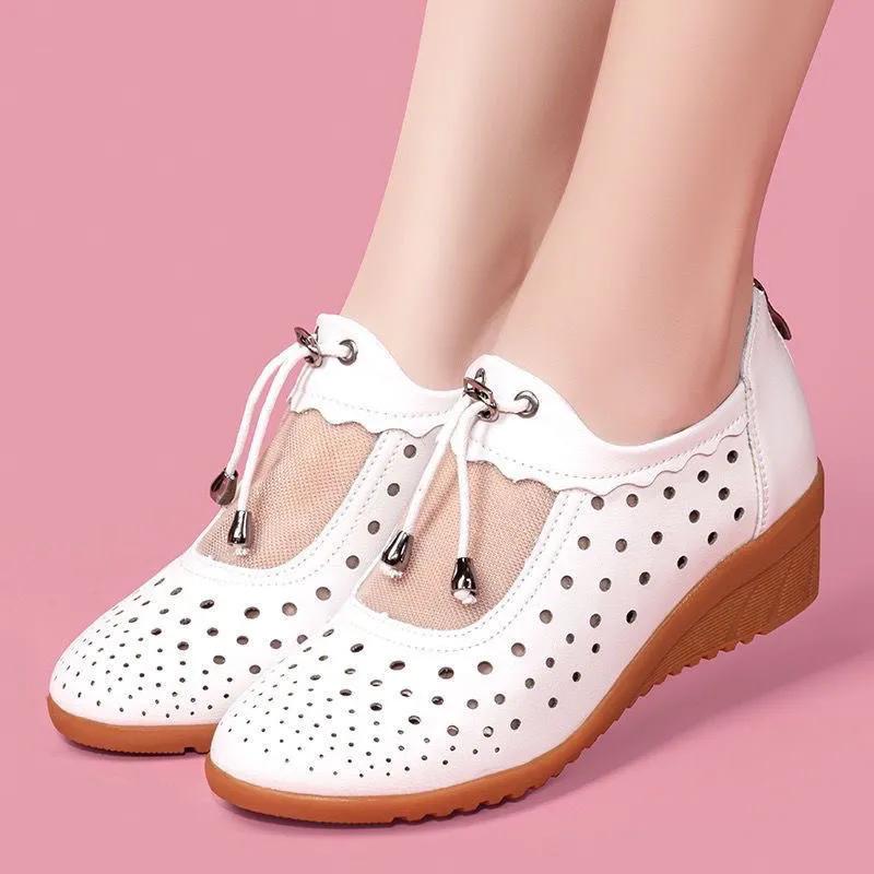 Women Fashion Light Weight White Hollow Out Breathable Footwear Lady Casual Red Comfort Summer Wedge Heel Shoes Ab568