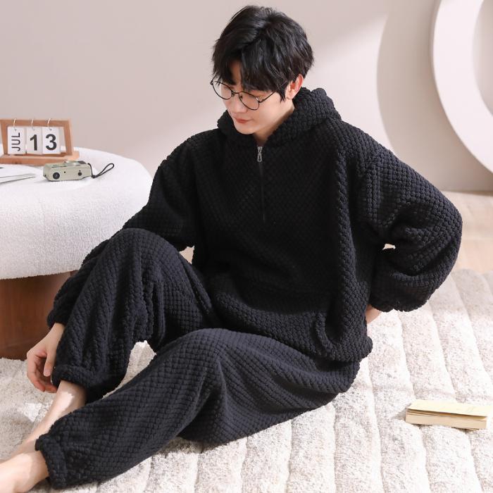 Men's Coral Fleece Lined Hooded Thickened Sleepwear Cardigan Home Clothes Sports Set Winter Warm Cozy Flannel Pajamas Suit