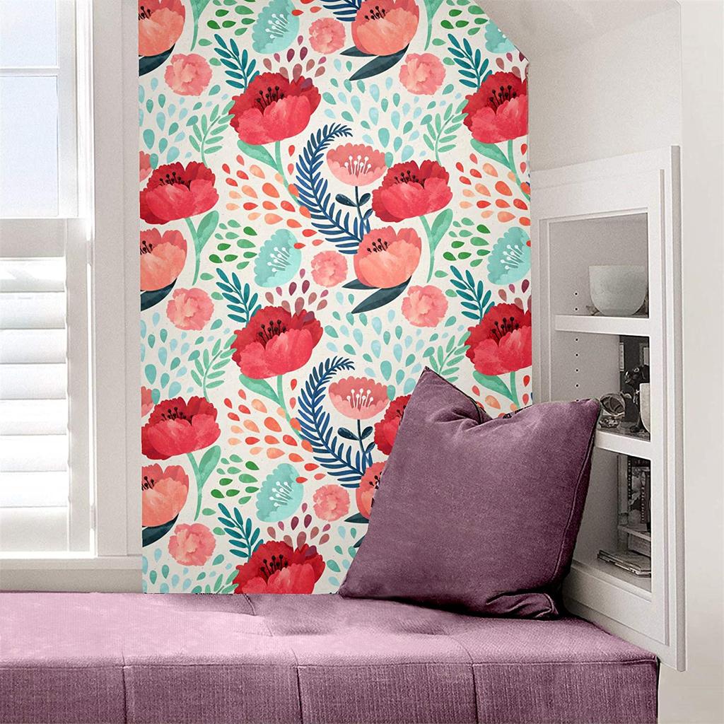 Red Floral Peel and Stick Wallpaper Green Leaves Self-Adhesive Prepasted Wallpaper Waterproof Removable Contact Paper for Decor