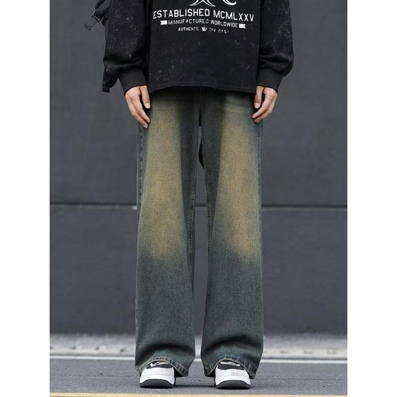 Frühlings- und Herbst Herren Locker Gerade Jeans Schwerer Sandwaschung Retro Lässige Jeanshosen Herren