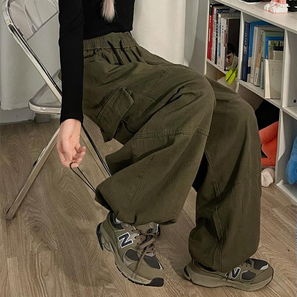 Women's Retro Wide-Leg Drawstring Cargo Pants - Multi-Pocket, Floor-Length, Casual Sport, Spring & Autumn.
