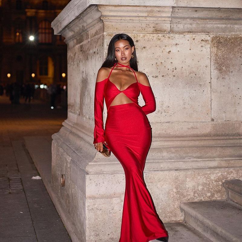 

Осеннее женское платье, модное сексуальное, однотонное, с длинными рукавами, с бретелью через шею, платье-рыбий хвост M красный