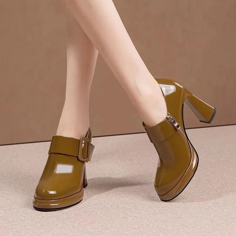 Spring and Autumn New Black Round Head Thick High Heel Single Shoes Female Side Zip Casual Platform Pumps Women's Shoes