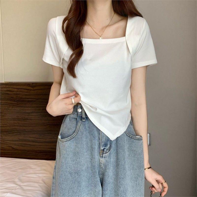

2024 Women s Chic Slim Fit Irregular Square Collar Short Sleeve T-Shirt L білий