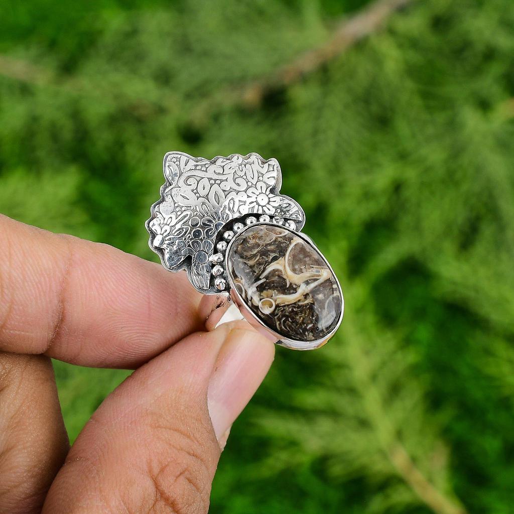 Natural Turritella Agate New Solitaire Handmade Ring Jewelry 925 Sterling Silver
