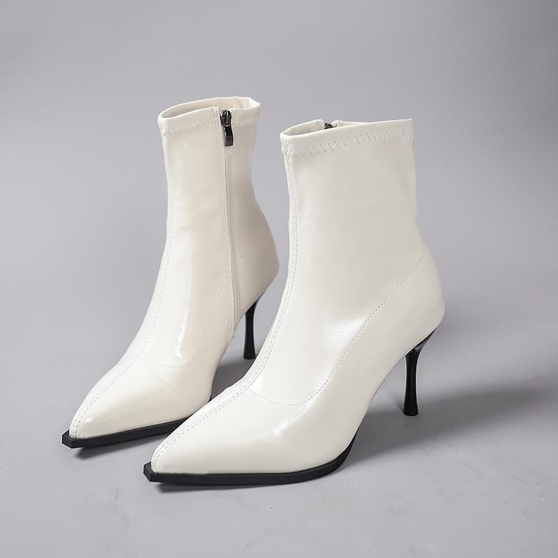 Fashion Patent Leather Women Ankle Boots Zipper Shoes Sexy Thin Heels Pointed Toe Modern Short Botas Mujer