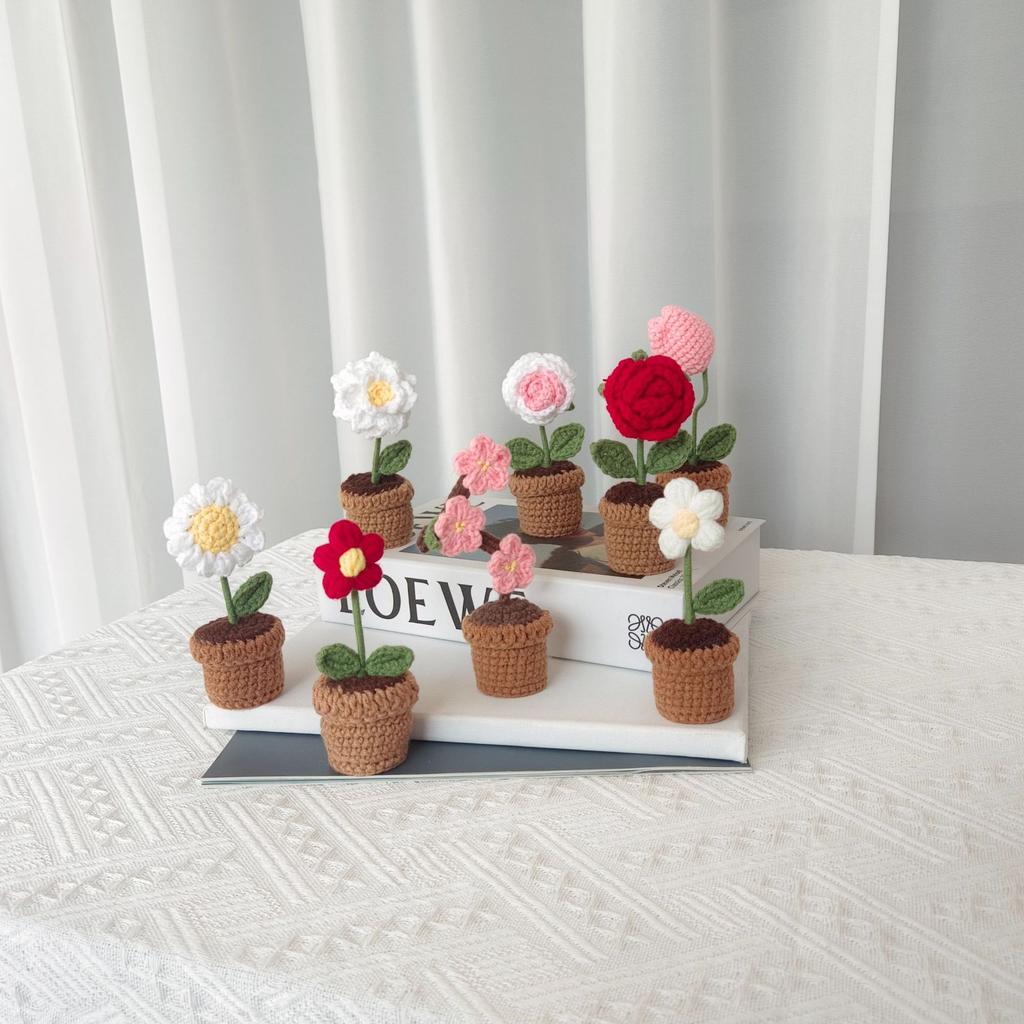 Sunflower Crochet Flowers Hand-knitted Flower Potted Rose Tulip Woven Bouquets Wedding Birthday Valentine's Day Gift Room Decor