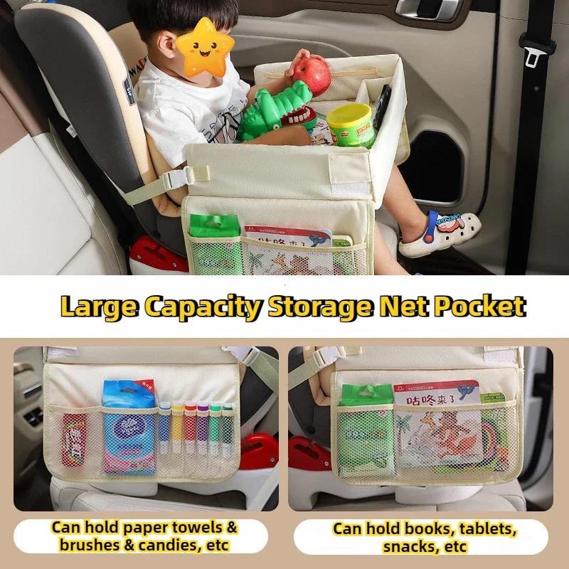 Premium Kids Car Seat Travel Tray Foldable Multiple Pockets Waterproof Portable Carseat Table Lap Tray for Dining Drawing Play Activity