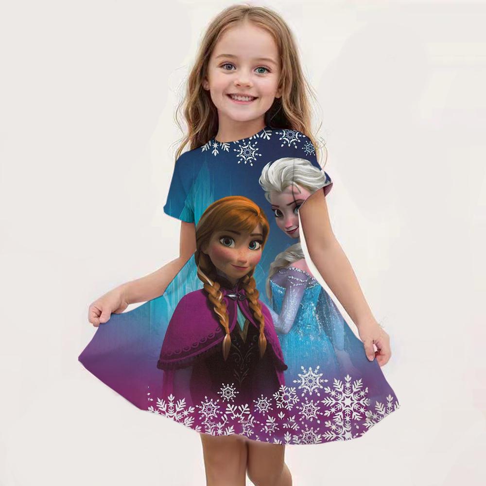2026 Disney New Summer Girl Princess Elsa Dress Fashion Cartoon Cute 3d Print Dress Kid Short Sleeve Princess Frozen Clothing