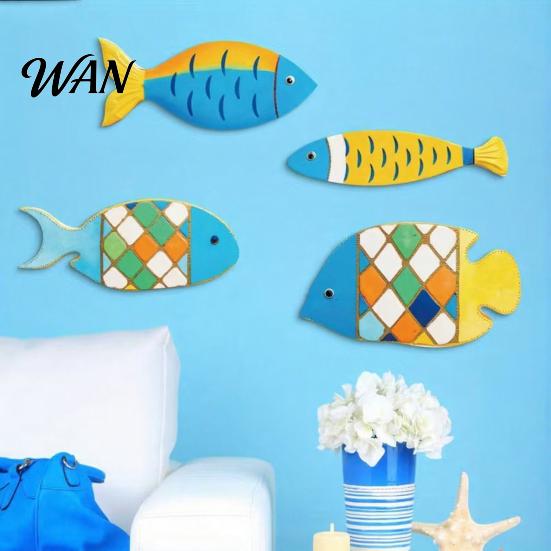 Beach Themed Wall Decor 4 Pcs Wooden Fish Nautical Rustic Coastal Ocean House Art Vintage Lake Hanging Sculpture for Bedroom Living Room