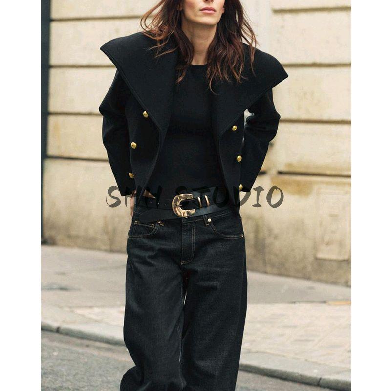 Spring New Women's Clothing Double Breasted Wide Lapel Long Sleeves Wool Blend Fashion Jacket Outwear 7522044