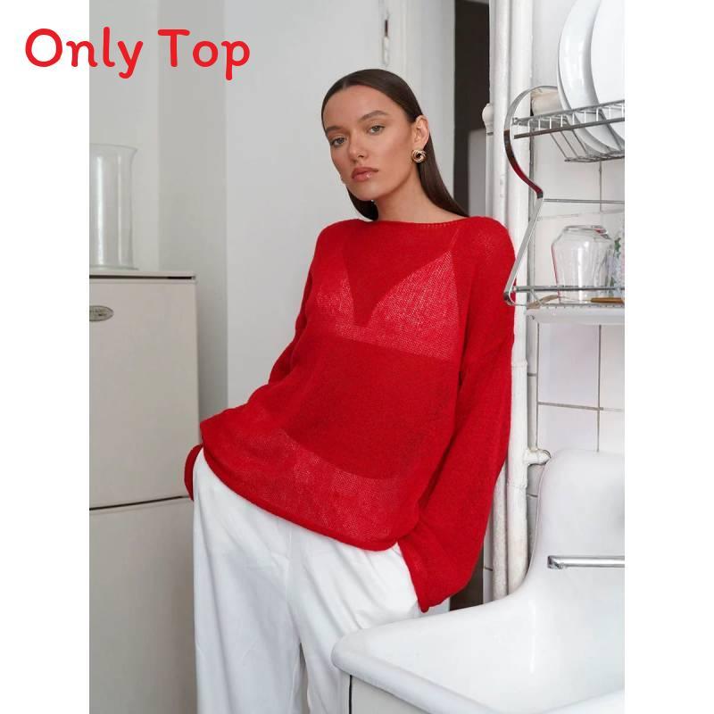 Polyester Knit Sweater With Openwork Lace Design Bell Sleeve Round Neck Summer Layering Top