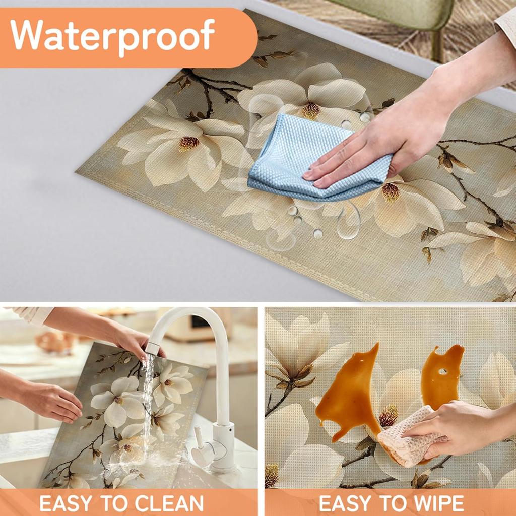 Vintage Magnolia Placemats Set of 6,Waterproof Heat Resistant Dining Table Plate Mat for Home Kitchen Dining Table 12x18Inch
