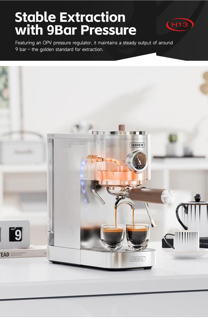 HiBREW H13 Semi-automatic Coffee Machine, Dual Boiler System with 20-Bar Pump Pressure, Multi-function Brewing Modes, Adjustable Drip Tray