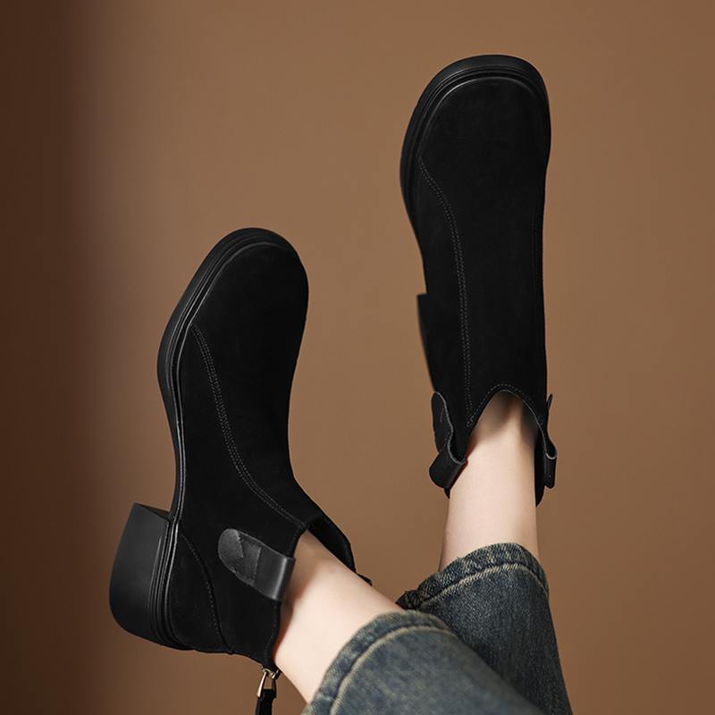 Krazing Pot Cow Suede Nubuck Winter Round Toe Modern Boots Med Heels Zipper Women Ankle Boots