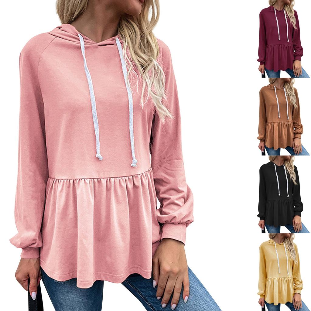 Women's Casual Hoodie Ruffle Tops, Long Sleeve Hooded Long Sleeve Solid Color Sweatshirt
