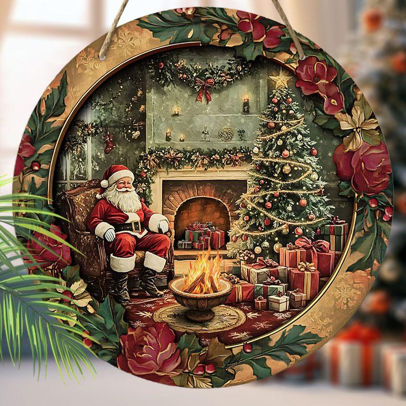 Vintage Santa Fireplace Christmas Round Wooden Hanging Sign, 2D Flat Printed Floral Wreath Front Door Decor, Xmas Gift Tree Wall Ornament Gift