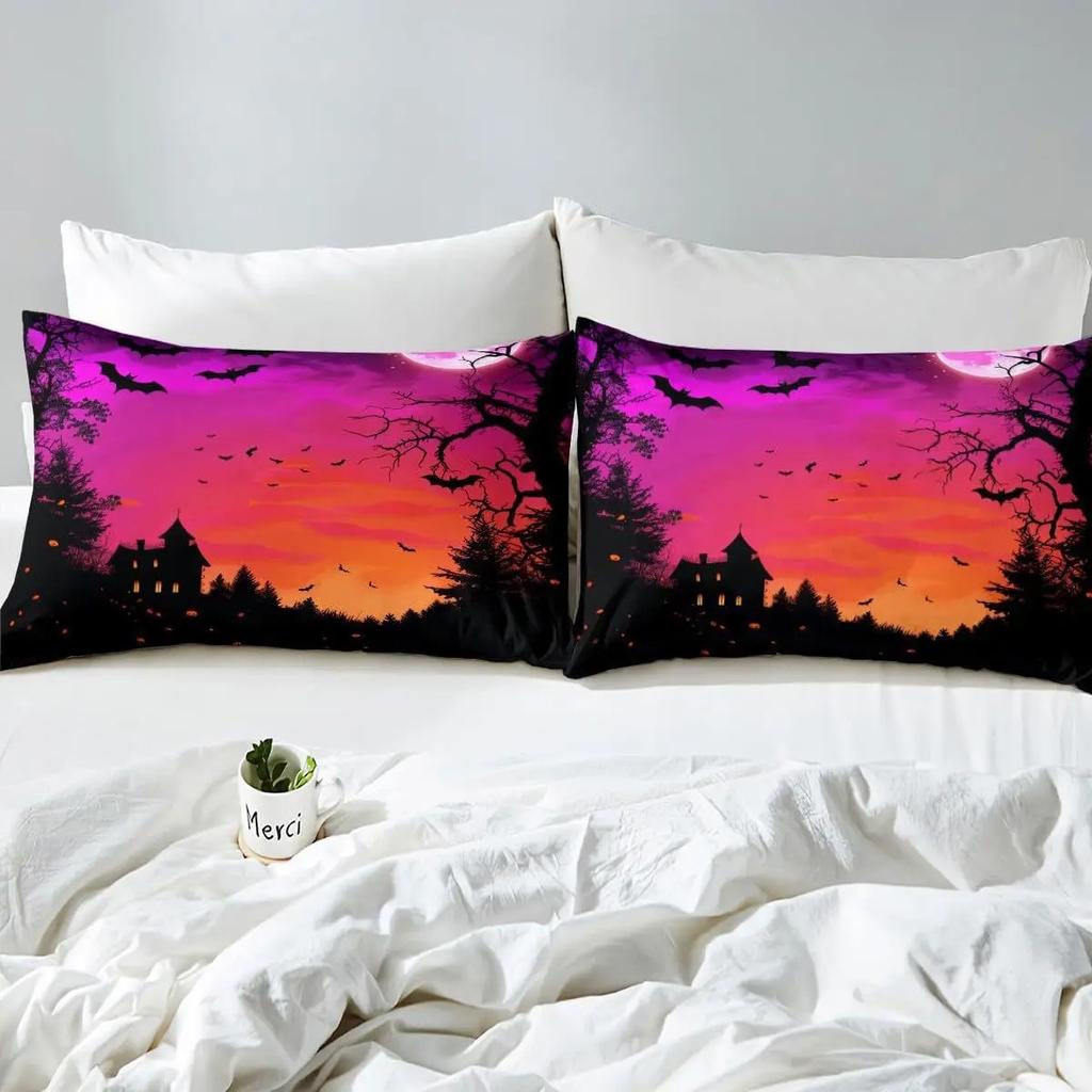 Purple Sky Bats Fly 3D Printed Bedding Set Cozy Soft Duvet Cover King Queen Twin Size Birthday Gift Halloween Gift Bedroom Decor