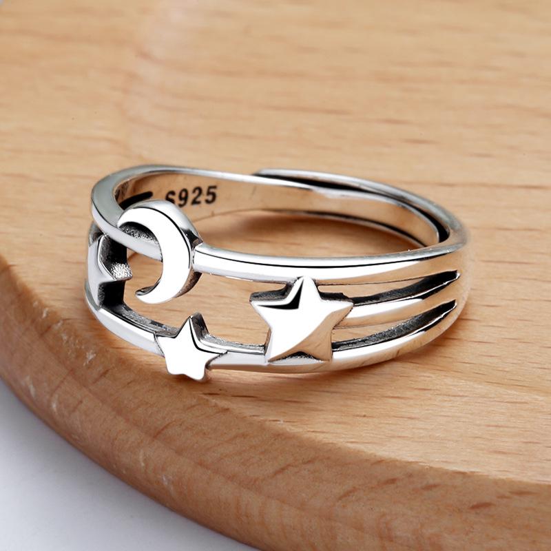 CaiYi S925 Sterling Silver Star & Moon Korean Style Ring for Women – Unique Design, Hollow Star Moon Index Finger Ring