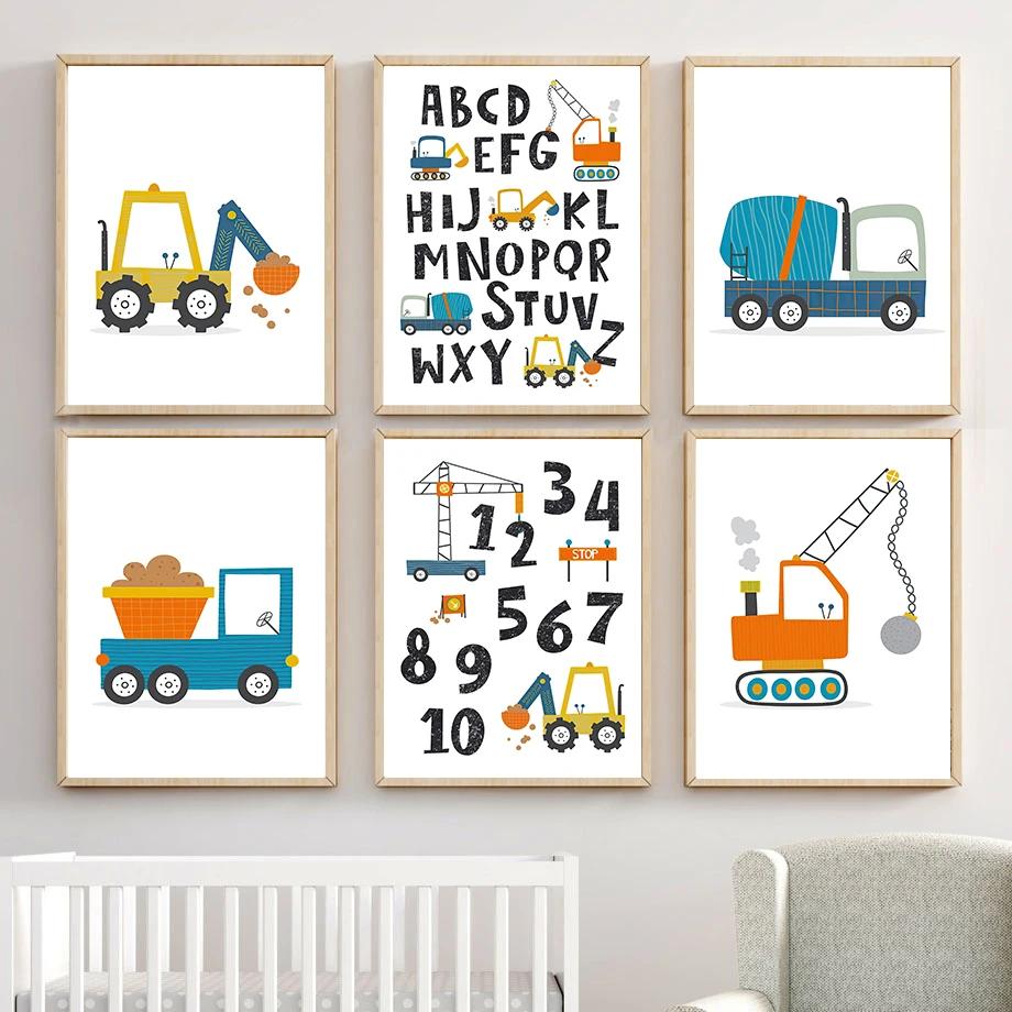 Nordic Cartoon Crane Excavator Dump Truck Front Loader Wall Art Posters and Prints Wall Pictures Kids Room Decor Canvas Painting