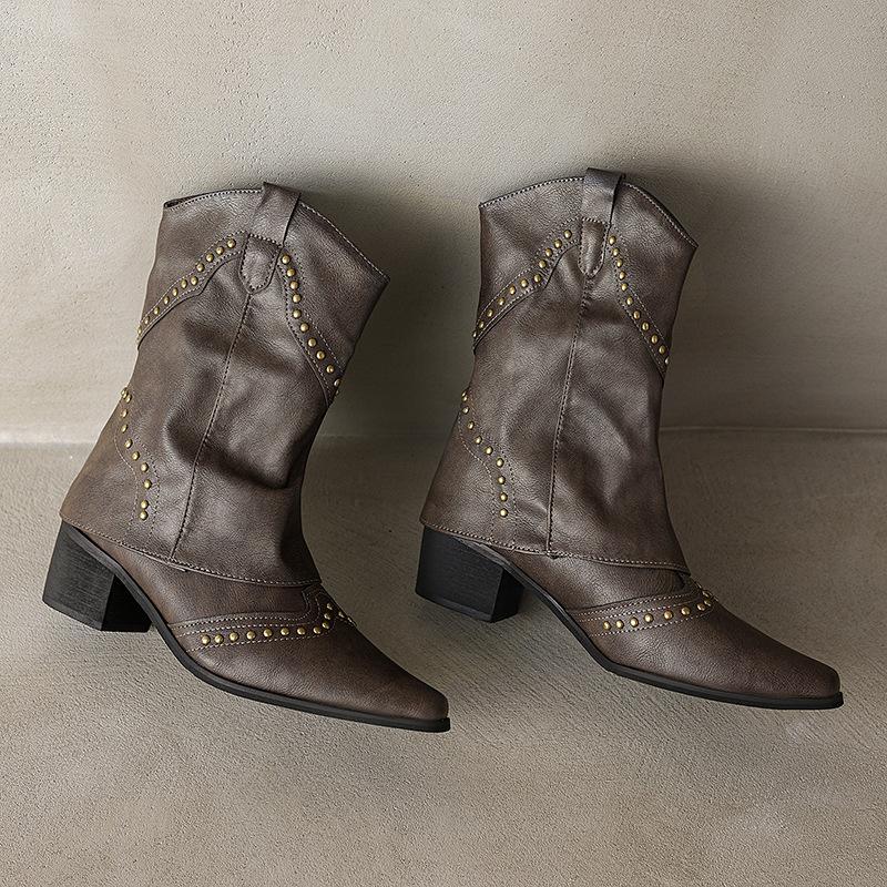 Retro European and American short boots autumn and winter design sense rivet pipe boots small pointed western cowboy knight boots
