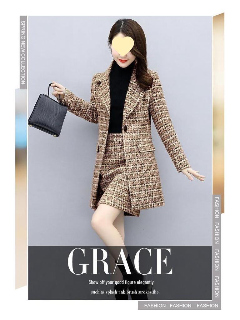 Koreanischer Stil Damen Wollmantel & Kleid Set: Herbst/Winter Karierter Zweiteiler Mode 2025