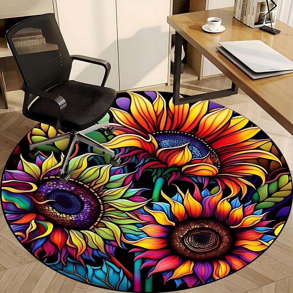 1 Stück Bunter Sonnenblumen-Buntglas-Stuhlteppich für das Büro, Runde Polyestermatte, Büro, Pflegeleichtes Gewebe, Waschbarer rutschfester Teppich