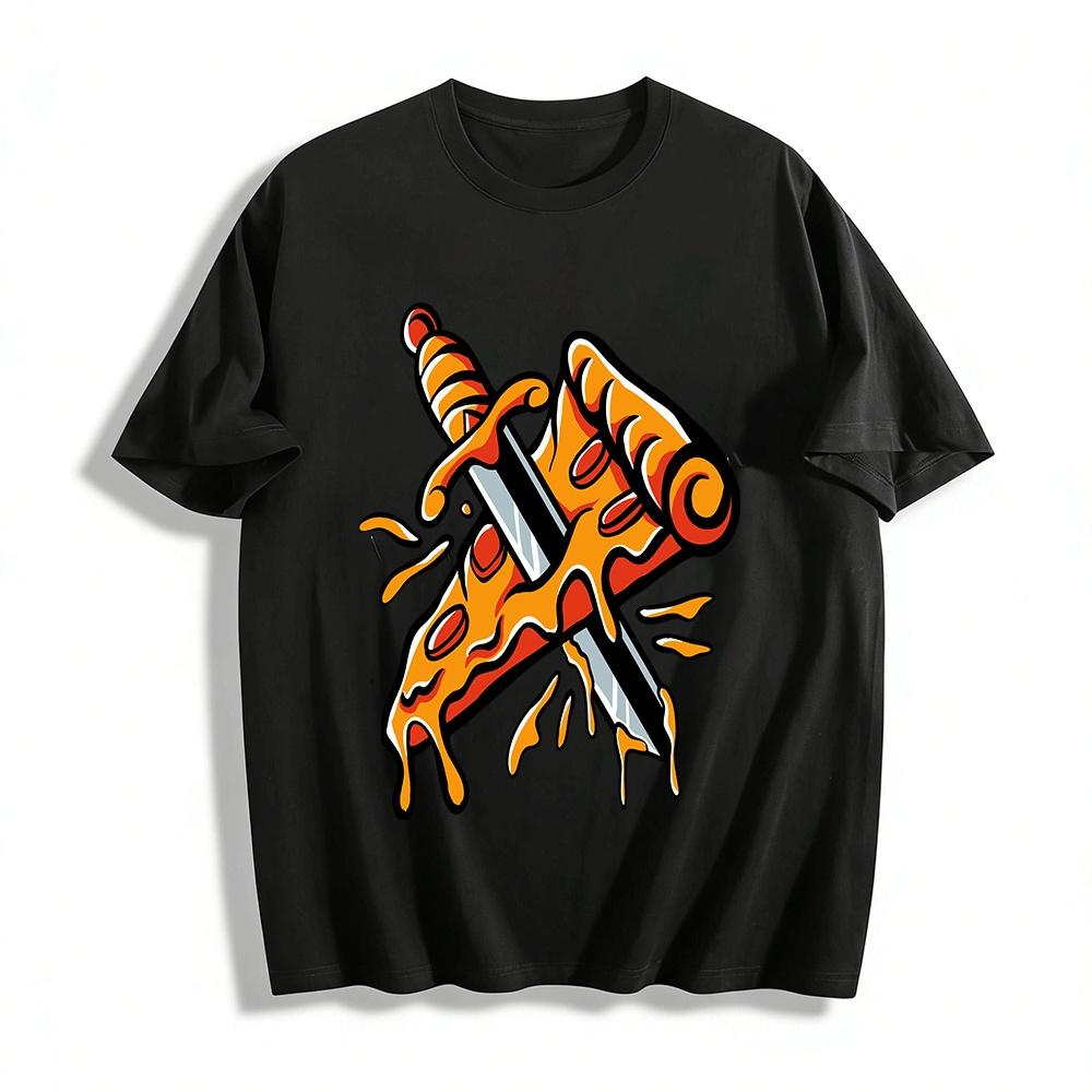 Novelty Pizza Sword Graphic Casual Tee For Food Lovers Pure cotton T-shirt XXS