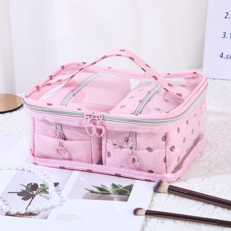 1/3Pcs Pink Polka Dot Pu Makeup Bag Set Large Capacity Sturdy Handle For Travel Daily Cosmetic Storage