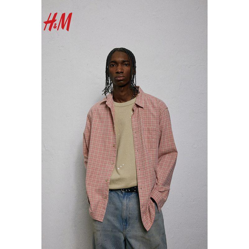 

HM Men s Clothing Shirts 2025 Summer New Long sleeve Loose Version Plaid Lazy Flannel Shirts 1265290 Dark gray 165/84(XS)