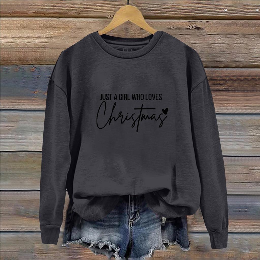 Women's Casual Loose Solid Color Christmas Letter Printed Round Neck Long Sleeved Sweatshirt