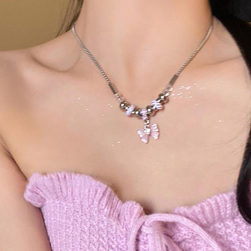 Dopamine Pink Star Beaded Necklace Female Summer Babes Cute Versatile Accessories Design Sweet Cool Collarbone