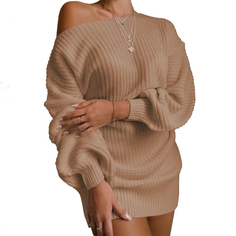 off-Shoulder European and American Style Boat Neck Solid Color Knitted Sweater Dress