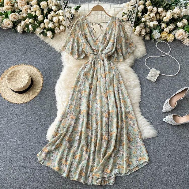 Women Summer Floral V Neck Long Dress High Waist Ruched A Line Short Sleeve