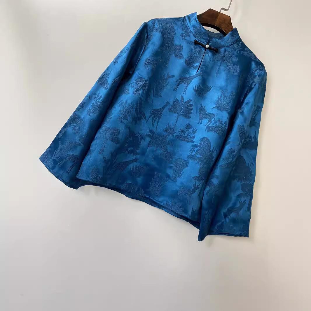 

Весенне-летний новый продукт Tang Suit Top женский трехмерный рельефный костюм для чая с морщинами синий XXL королевский синий