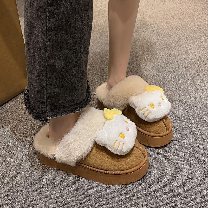 Cute Cartoon Kitten Fluffy Slippers Women's 2025 Autumn and Winter New Fashionable Outer Wear Comfortable and Warm Bag Head Slippers
