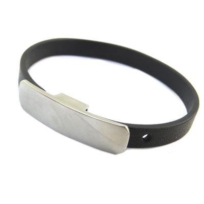 [P4339] - Silver Leather 'Identity' Steel Bracelet
